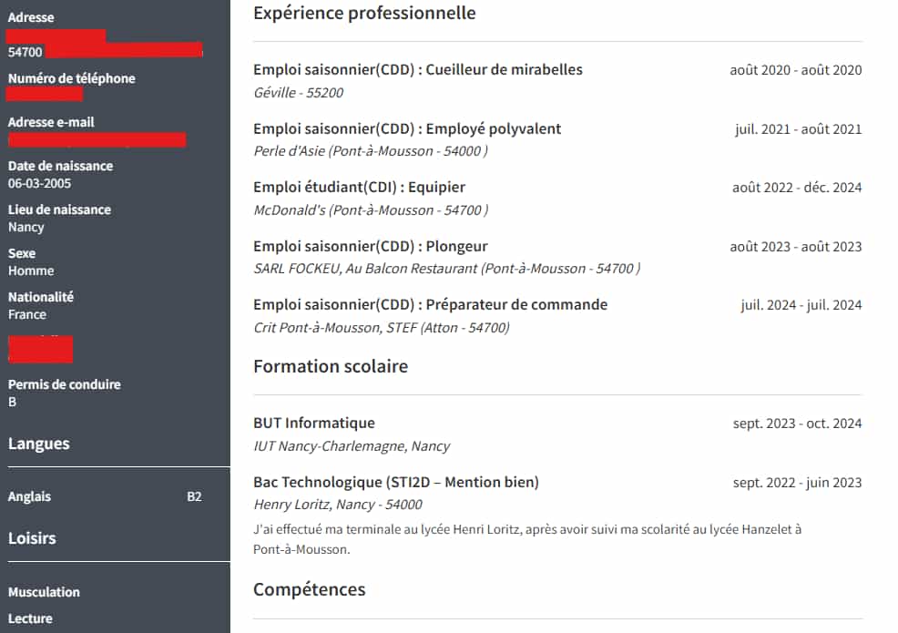 CV créé avec HTML et CSS
